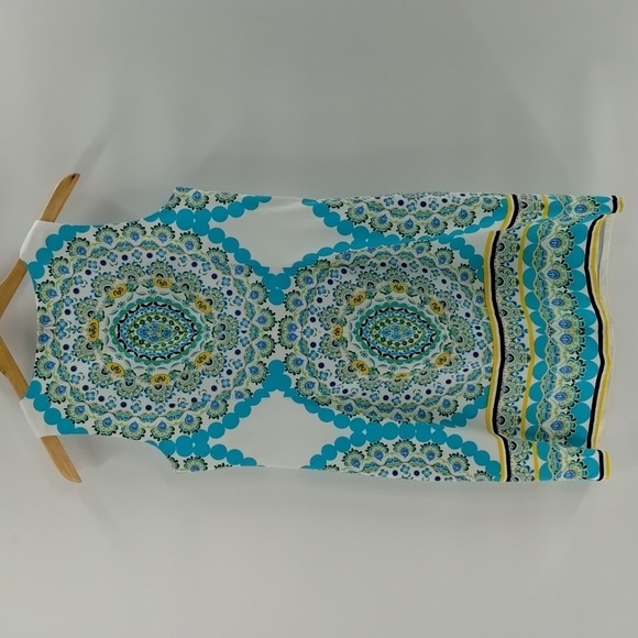 London Times Cecilia shift dress turquoise yellow tile print size 10 sleeveless - Picture 7 of 7